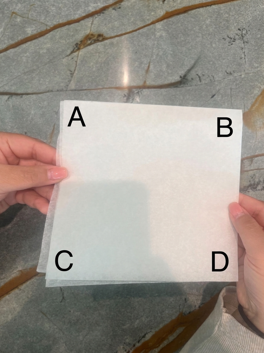 Folded parchment square labeled A, B, C, and D at the corners